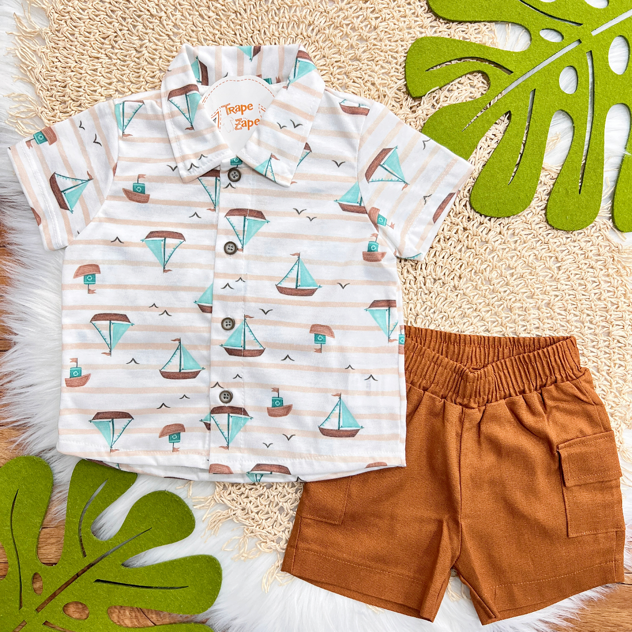  Conj. Camisa Barquinhos e Bermuda em Linho - Ferrugem e Areia